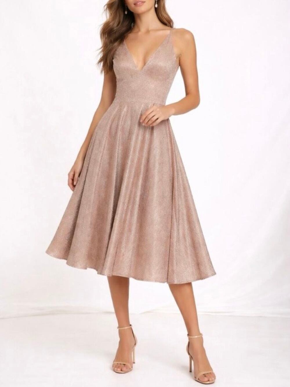 NWT Dress the Population Delilah Rose Gold Midi Dress Size Medium Fit & Flare